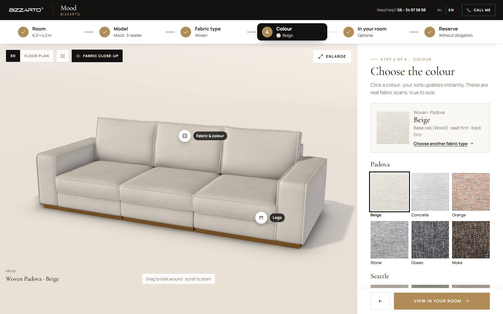 The Bizzarto 3D configurator: the Mood sofa in Padova woven fabric, with fabric swatches to choose from