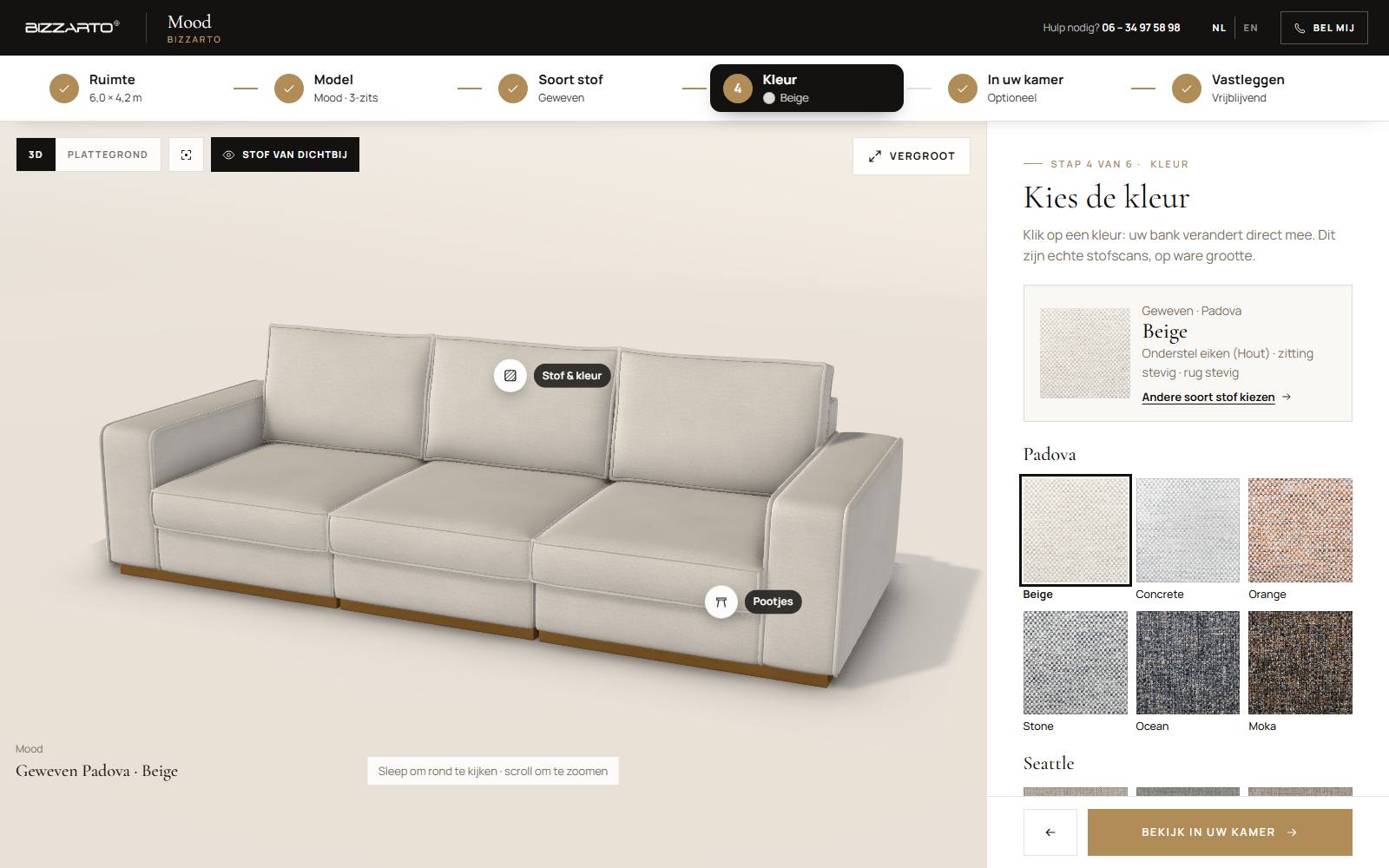De Bizzarto 3D-configurator: de Mood-bank in geweven stof Padova, met stofstalen om uit te kiezen